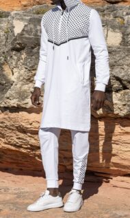 Ensemble Qamis Court Blanc Impression Keffieh Noir avec Capuche Qaba'il : QUDS