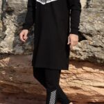 Ensemble Qamis Court Noir Impression Keffieh Blanc avec Capuche Qaba'il : QUDS