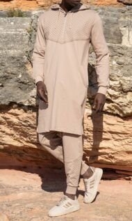 Ensemble Qamis Court Beige Impression Keffieh avec Capuche Qaba'il : QUDS