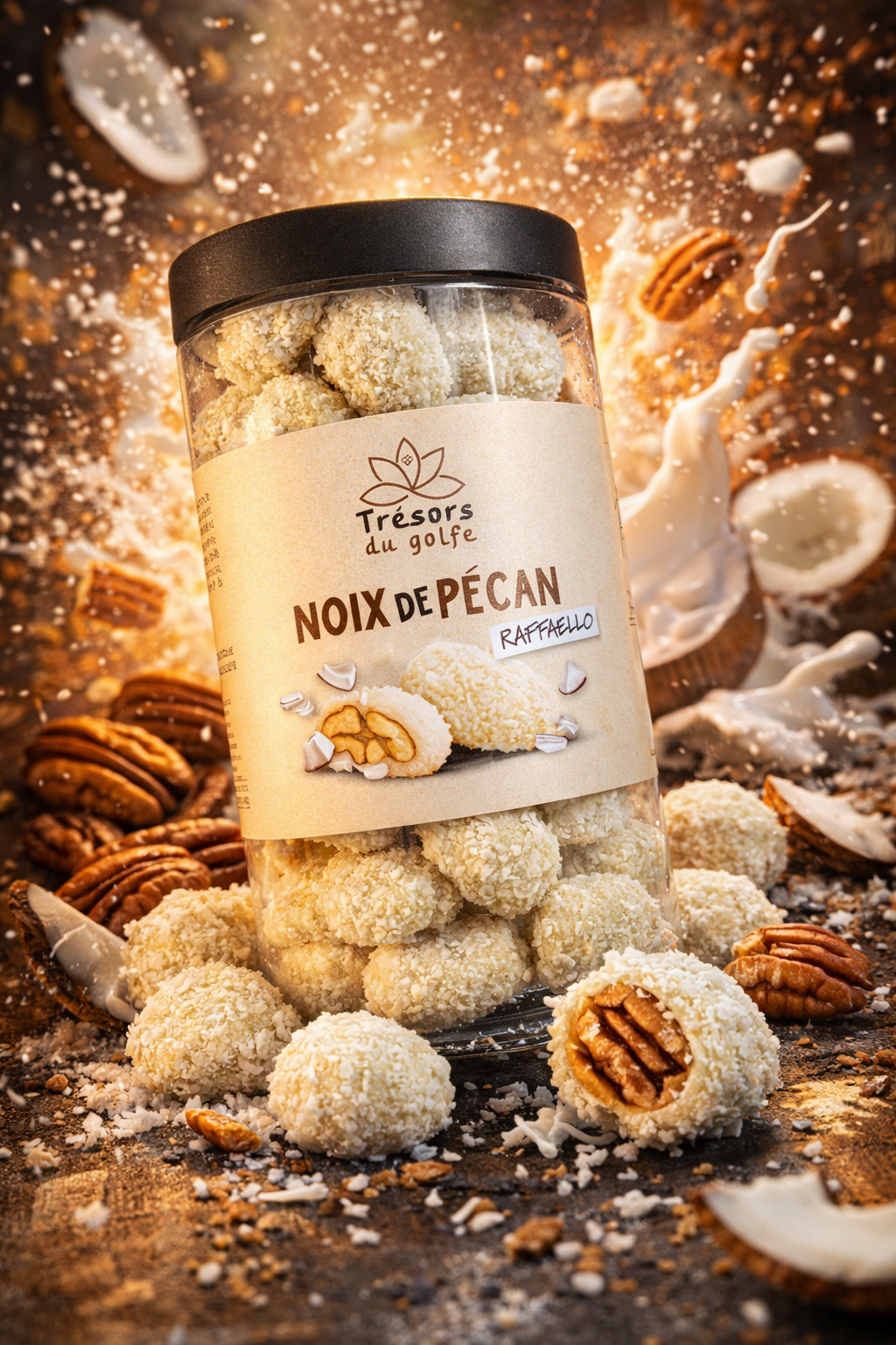 2026/01/322462.png Boîte 200 g de noix de pécan enrobées façon DUBAÏ – Saveur Raffaello – Image 1